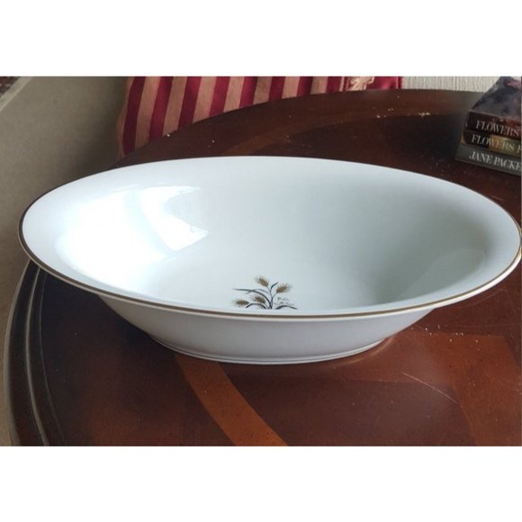 Noritake Wheatcroft Oval Vegetable Bowl Beautiful Gold Trim Gray Leaves Christma - Picture 6 of 8